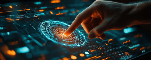 Wall Mural - hand interacting with futuristic digital interface, showcasing advanced technology and data visualiz