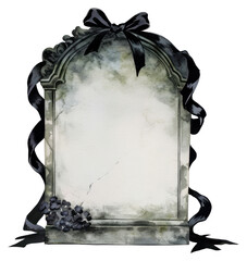 Wall Mural - PNG Coquette Black velvet ribbon draped across a forgotten gravestone illustration watercolor black.