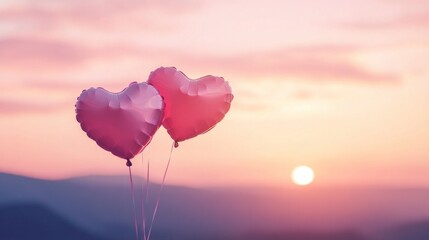 Wall Mural - Heart balloons drifting against pink dawn backdrop, essence of Valentine's Day.