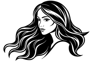 Silhouette of beautiful girl in profile with long hair,Silhouette of a womans head with curly hair vector illustration,Vector illustration of a black and white silhouette of a girl's face.