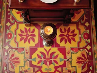 A top-down view of a candle on a decorative floor with vibrant patterns.