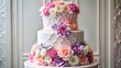 © Mali - Two-tiered cake adorned with delicate sugar blossoms, showcasing a vibrant array of pastel hues and intricate frosting details.