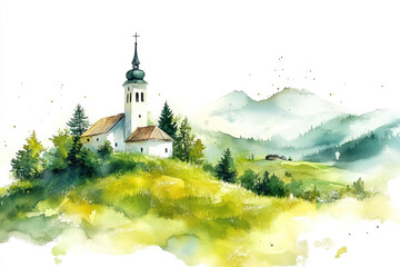 Green watercolor painting of church on hill in countryside