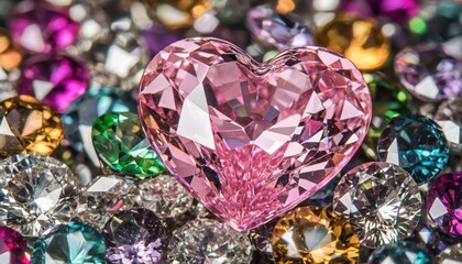 A stunning heart-shaped pink diamond surrounded by a variety of colorful gemstones, showcasing luxury and beauty.