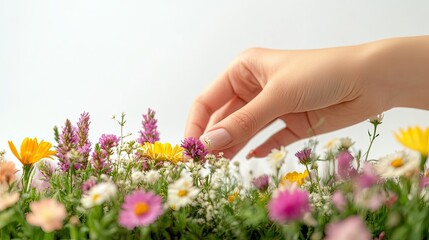 Canvas Print - Hand Gently Reaching for a Single Yellow Wildflower Among a Field of Blooms