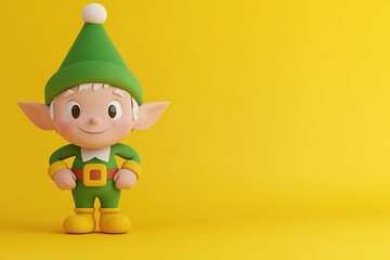 Wall Mural - Cheerful Christmas elf on yellow background with copy space