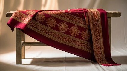 Wall Mural - A red patterned fabric draped over a wooden bench.