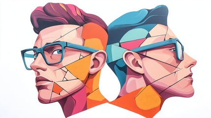 Stylized illustration of two side-profile portraits.