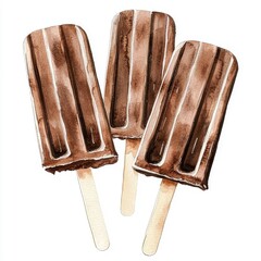 Watercolor style illustration of chocolate popsicles isolated on a white background.