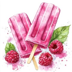 Watercolor style illustration of raspberry popsicles isolated on a white background.