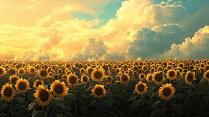 Canvas Print - Sunflowers Field Under a Dramatic Cloudy Sunset Sky