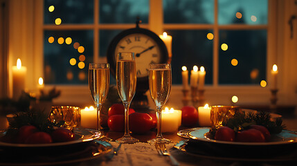 A table with a clock and lit candles, and two glasses of champagne