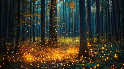 Wall Mural - Fireflies illuminating a dark forest floor