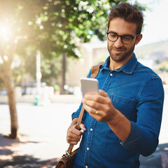 City, businessman and smile with smartphone for connection, networking and chat with online contact. Outdoor, male person and mobile app with glasses for reading text message, communication or travel