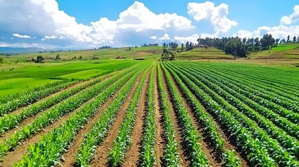 Green Cornfield Landscape with Blue Sky and Clouds.