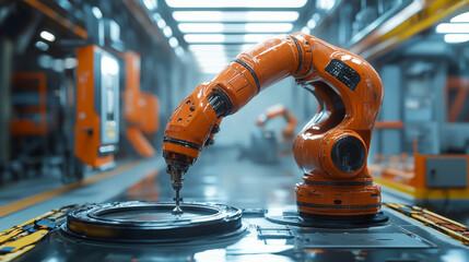 A robotic arm in an industrial setting showcases advanced technology and precision. vibrant orange color contrasts with sleek machinery, highlighting innovation and efficiency in manufacturing