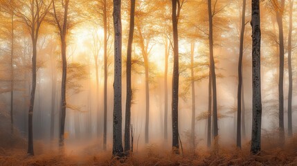 Wall Mural - Misty Autumn Forest with Sunlight Filtering Through Trees