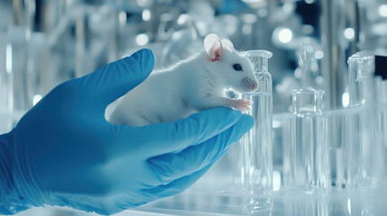 Muscular white rat in researcher hand, modern laboratory setting