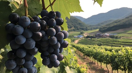 A lush vineyard with vibrant clusters of rich purple grapes glistening under golden sunlight and rolling hills