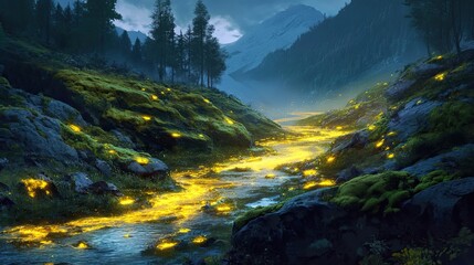 Wall Mural - Enchanted River Flowing Through a Mossy Valley at Twilight