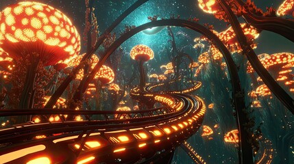 Wall Mural - A Futuristic Pathway Through Glowing Mushroom Forest