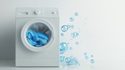 Interior with washing machine and soap bubbles,Vector realistic automatic washing machine with a front loading with blue soup bubbles,Realistic vector illustration,Home appliance concept.