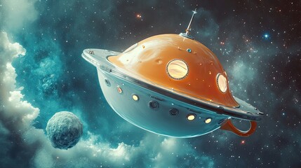 Wall Mural - a retro-styled spaceship flies through a starfield with a distant asteroid.