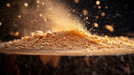 Close-up of sawdust falling on a wooden surface.