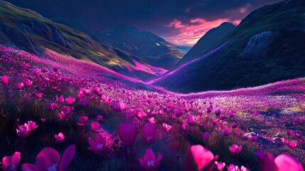 Canvas Print - Vibrant Pink Flowers Blooming in a Mountain Valley at Sunset