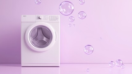 Interior with washing machine and soap bubbles,Vector realistic automatic washing machine with a front loading with blue soup bubbles,Realistic vector illustration,Home appliance concept.