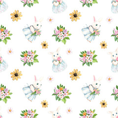 Beautiful bouquet of flowers with a rabbit in a sweet dress, hand-drawn watercolor seamless pattern