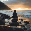 © A4719 - Man Meditating on Rocks at Sunrise Beach