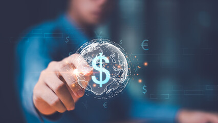Aufkleber - Man showing global currency exchange concept ,Money transfer, Global Currency ,money transaction, world currency market ,money market changes ,investment strategy ,stock market ,return on investment