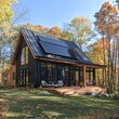© A4719 - Modern Black Cabin with Solar Panels and Deck in Autumn Forest