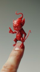 A tiny red creature sits on a finger. AI.