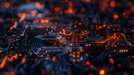 Abstract technological background featuring various elements of a printed circuit board, with depth of field and bokeh effects, ideal as a dynamic digital wallpaper.