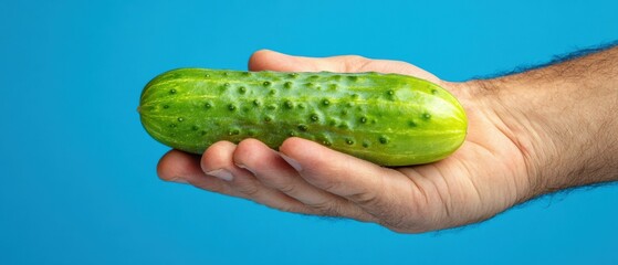 A hand holding a fresh green cucumber. AI.