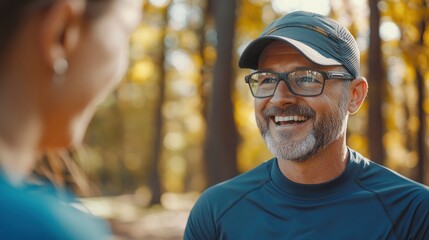 A man in a cap and glasses smiles and looks at someone out of frame.