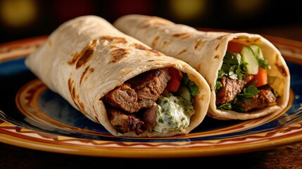 Authentic gyros wrapped in pita bread, filled with lamb, fresh veggies