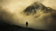 © GoldPumaze - A ghostly figure wandering the fog-laden mountains at dusk.