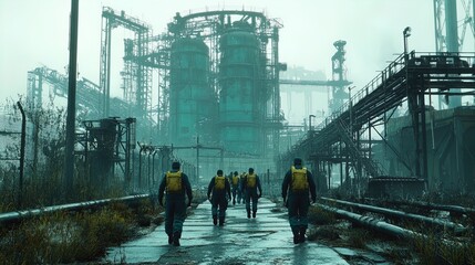 Engineers in Dark Blue and Green Uniforms Progress Towards a Majestic Factory Tower: A Serene Morning Scene Perfect for Wall Art or Sports Interior Decor