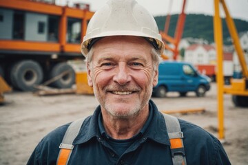 Close portrait of a smiling senior Norwegian man construction worker looking at the camera, Norwegian outdoors construction site blurred background