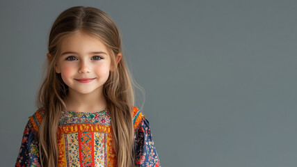 Australian little girl in traditional bunad folk costume isolated on gray