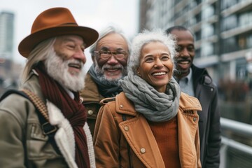 multiethnic group of senior friends walking in the city and smiling