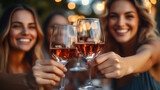 Gruppe junger Frauen stößt auf Gartenparty mit ihren Weingläsern an