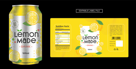 lemon drink label design, lemon juice soft drink label design. soda can vector energy drink label de
