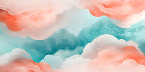 Poster - Dreamy Cloudscape: Abstract Watercolor Clouds in Pastel Pink and Teal Colors. A calming and ethereal background for your designs, perfect for creating a sense of peace and tranquility. 