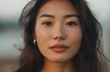 A woman with a nose piercing and a nose ring