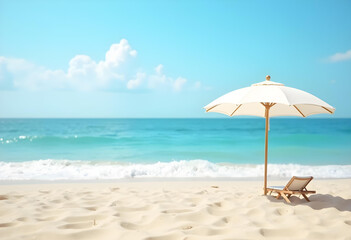 serene beach scene featuring white umbrella and lounge chair on soft sand, with gentle waves lapping at shore under clear blue sky