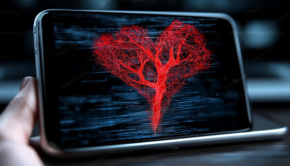 Poster - digital heart made of red neural network lines displayed on smartphone screen, symbolizing intersection of technology and emotion
